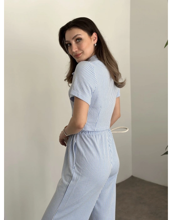 Çizgili örme gömlek yaka takım mavi