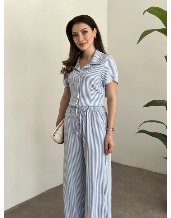Çizgili örme gömlek yaka takım mavi
