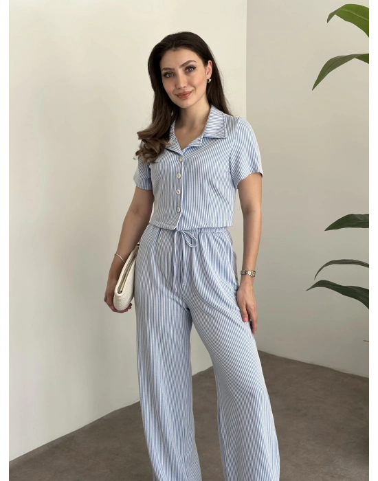 Çizgili örme gömlek yaka takım mavi