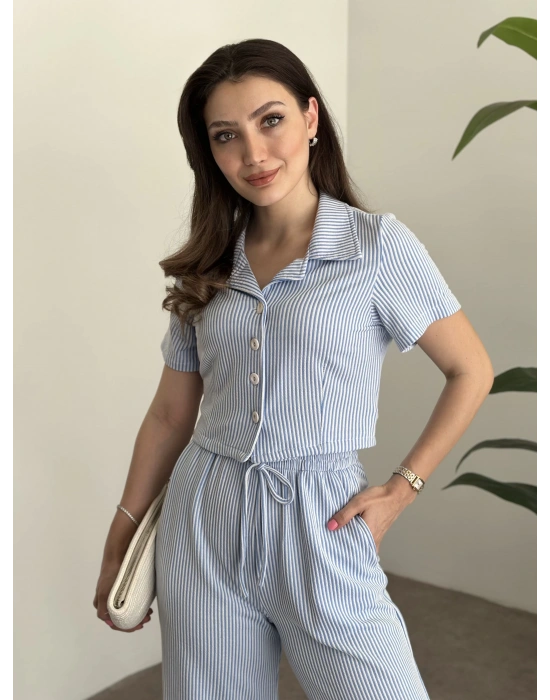 Çizgili örme gömlek yaka takım mavi