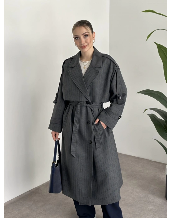 Çizgili uzun düğmeli beli kuşaklı oversize astarlı trençkot gri