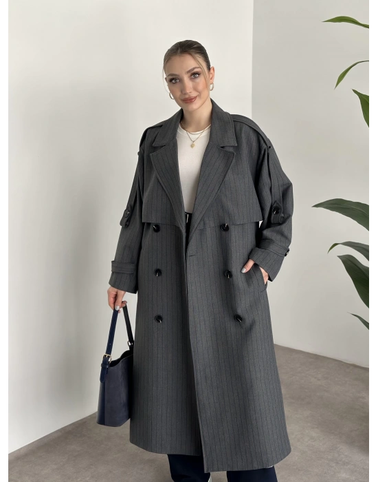 Çizgili uzun düğmeli beli kuşaklı oversize astarlı trençkot gri