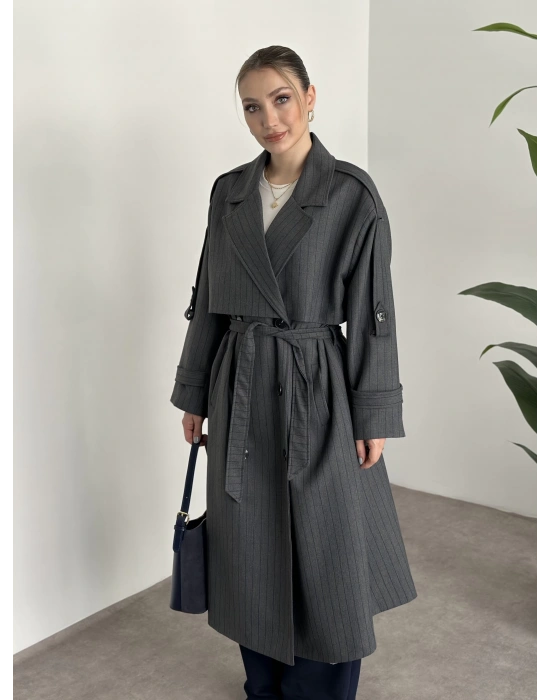 Çizgili uzun düğmeli beli kuşaklı oversize astarlı trençkot gri