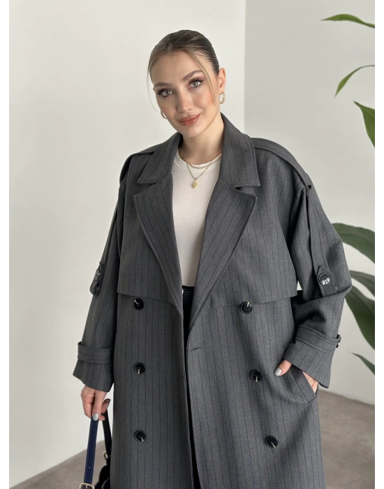 Çizgili uzun düğmeli beli kuşaklı oversize astarlı trençkot gri