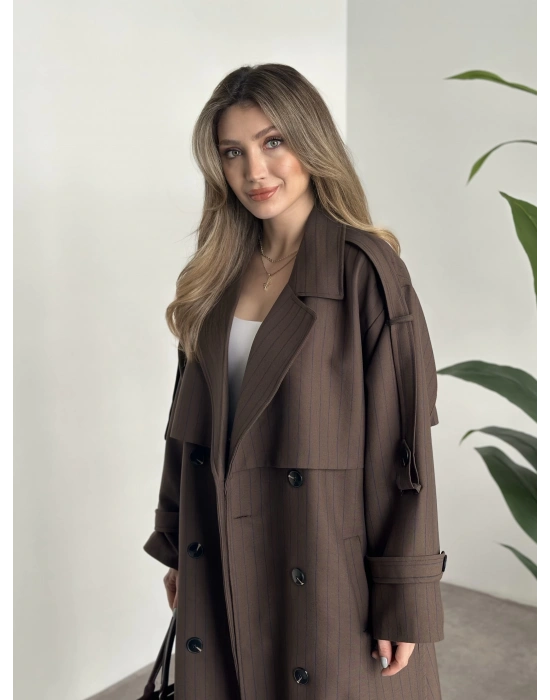 Çizgili uzun düğmeli beli kuşaklı oversize astarlı trençkot kahve ( ÖN SİPARİŞTEDİR. 7-10 İŞ GÜNÜ İÇERİSİNDE KARGOLANICAKTIR. !!!! )