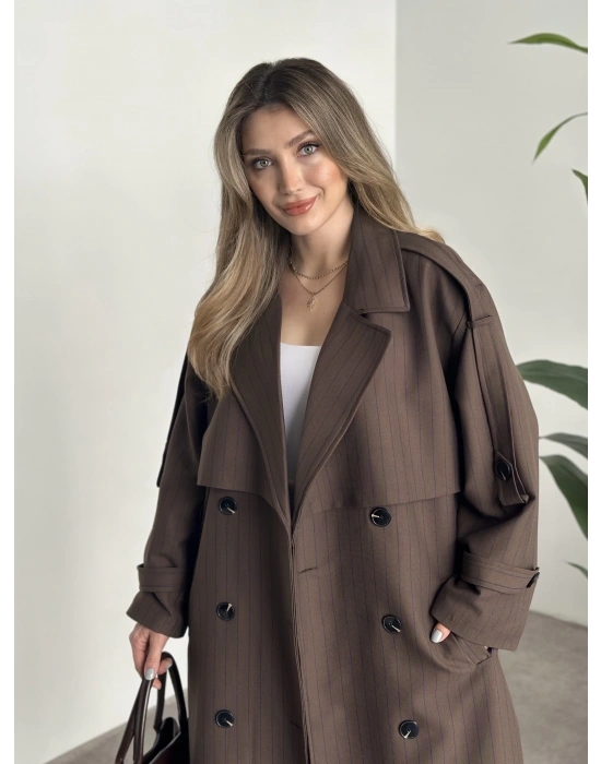 Çizgili uzun düğmeli beli kuşaklı oversize astarlı trençkot kahve ( ÖN SİPARİŞTEDİR. 7-10 İŞ GÜNÜ İÇERİSİNDE KARGOLANICAKTIR. !!!! )