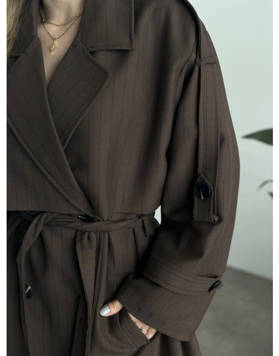 Çizgili uzun düğmeli beli kuşaklı oversize astarlı trençkot kahve ( ÖN SİPARİŞTEDİR. 7-10 İŞ GÜNÜ İÇERİSİNDE KARGOLANICAKTIR. !!!! )