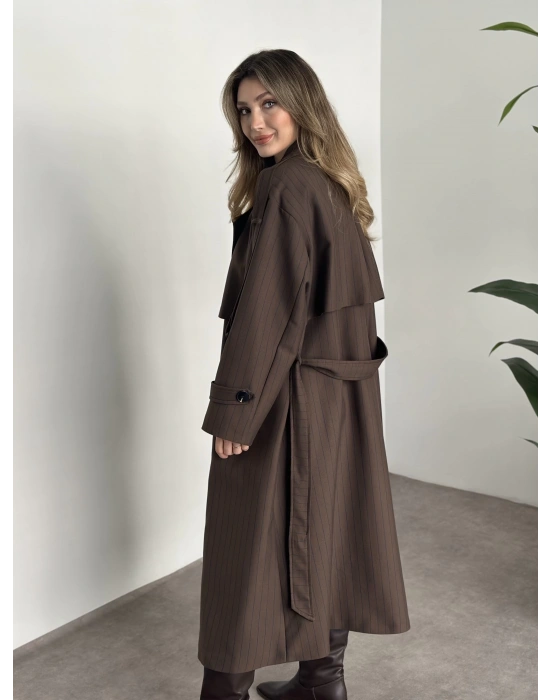 Çizgili uzun düğmeli beli kuşaklı oversize astarlı trençkot kahve ( ÖN SİPARİŞTEDİR. 7-10 İŞ GÜNÜ İÇERİSİNDE KARGOLANICAKTIR. !!!! )