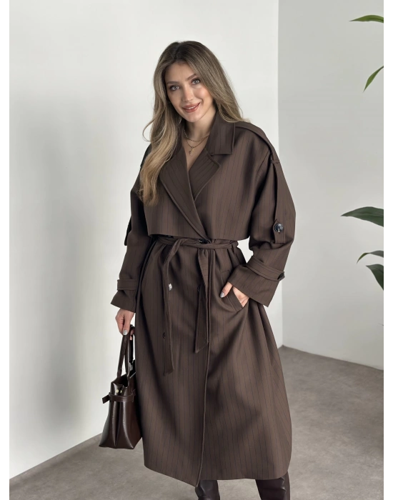 Çizgili uzun düğmeli beli kuşaklı oversize astarlı trençkot kahve ( ÖN SİPARİŞTEDİR. 7-10 İŞ GÜNÜ İÇERİSİNDE KARGOLANICAKTIR. !!!! )