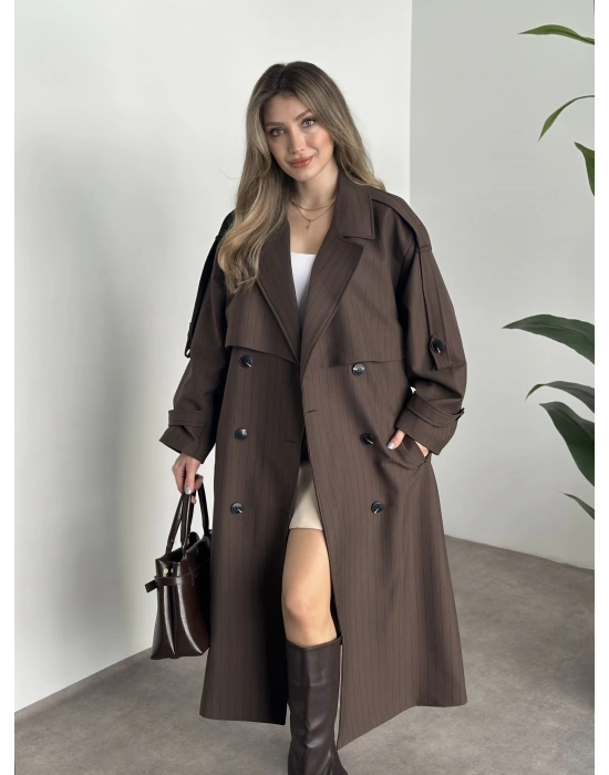 Çizgili uzun düğmeli beli kuşaklı oversize astarlı trençkot kahve ( ÖN SİPARİŞTEDİR. 7-10 İŞ GÜNÜ İÇERİSİNDE KARGOLANICAKTIR. !!!! )