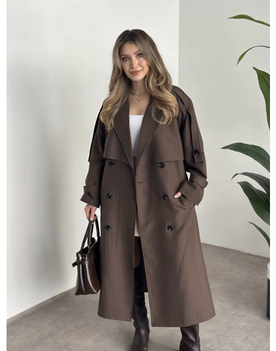 Çizgili uzun düğmeli beli kuşaklı oversize astarlı trençkot kahve ( ÖN SİPARİŞTEDİR. 7-10 İŞ GÜNÜ İÇERİSİNDE KARGOLANICAKTIR. !!!! )