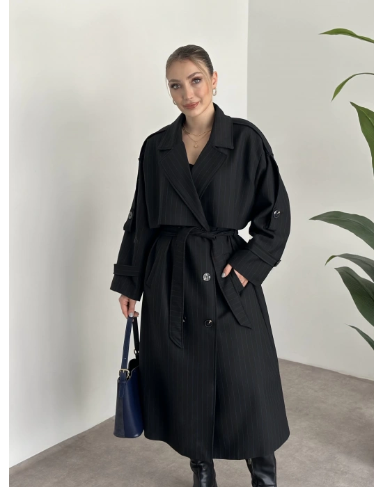 Çizgili uzun düğmeli beli kuşaklı oversize astarlı trençkot siyah