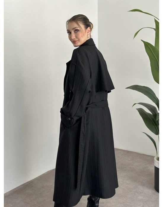 Çizgili uzun düğmeli beli kuşaklı oversize astarlı trençkot siyah
