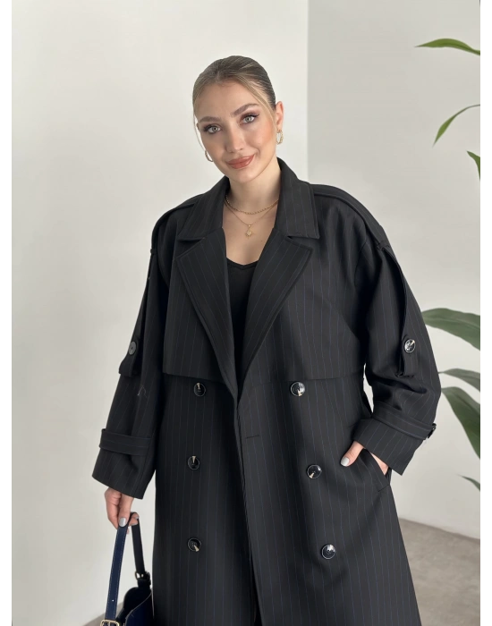 Çizgili uzun düğmeli beli kuşaklı oversize astarlı trençkot siyah