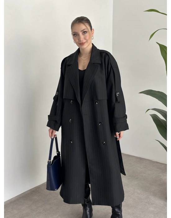 Çizgili uzun düğmeli beli kuşaklı oversize astarlı trençkot siyah