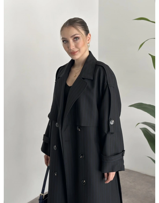 Çizgili uzun düğmeli beli kuşaklı oversize astarlı trençkot siyah