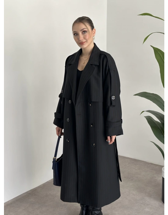 Çizgili uzun düğmeli beli kuşaklı oversize astarlı trençkot siyah
