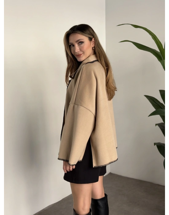 Çoban dikiş kaşe panço krem