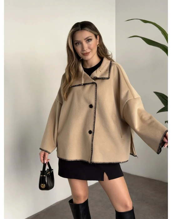 Çoban dikiş kaşe panço krem