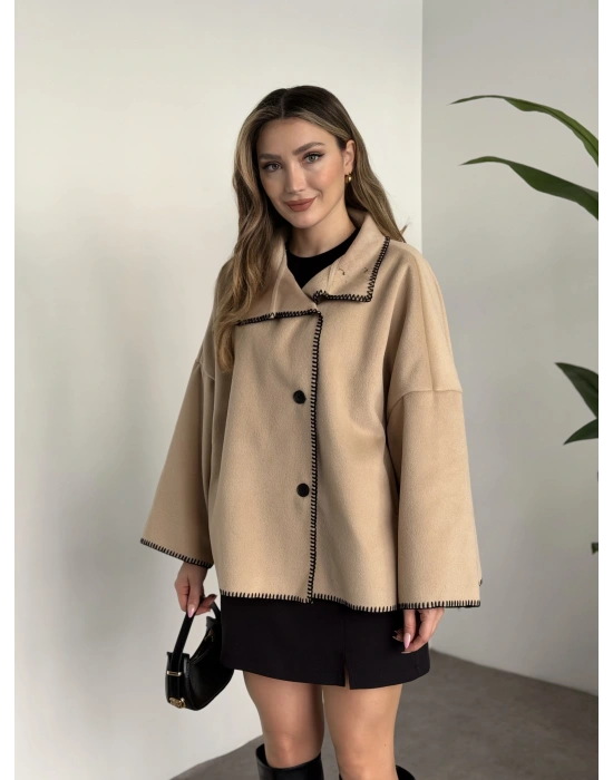 Çoban dikiş kaşe panço krem