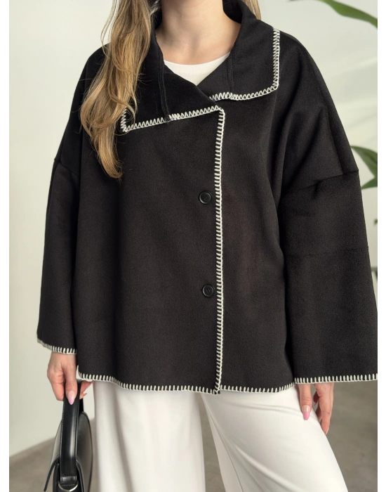 Çoban dikiş kaşe panço siyah