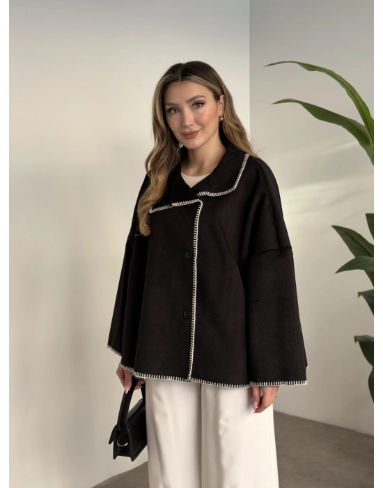 Çoban dikiş kaşe panço siyah