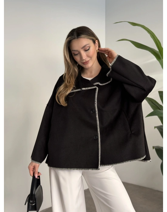 Çoban dikiş kaşe panço siyah