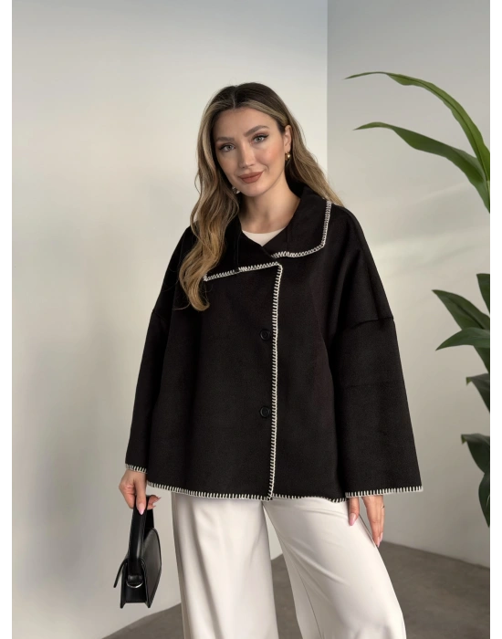 Çoban dikiş kaşe panço siyah