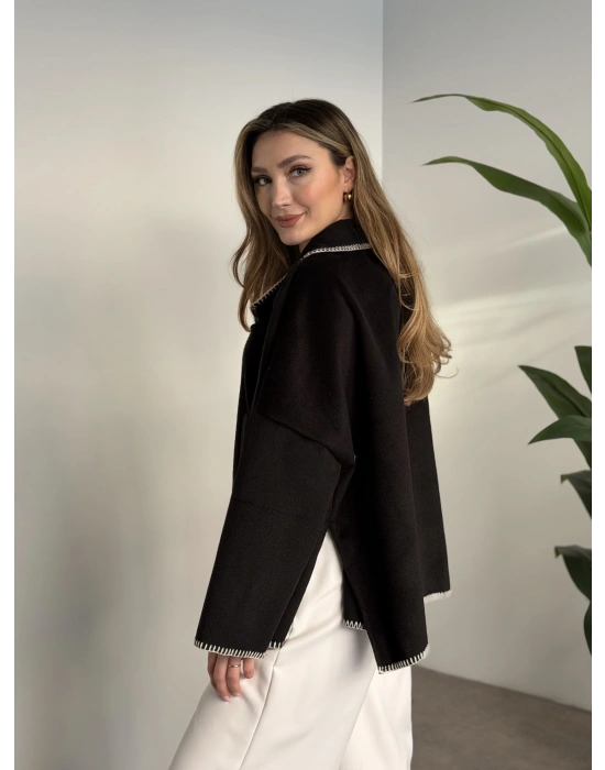 Çoban dikiş kaşe panço siyah