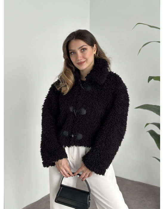 Çoban düğmeli peluş mont siyah