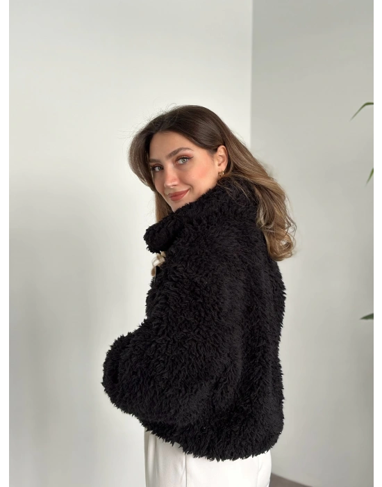 Çoban düğmeli peluş mont siyah