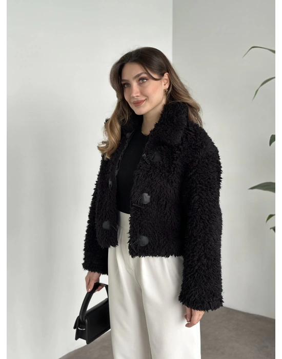 Çoban düğmeli peluş mont siyah