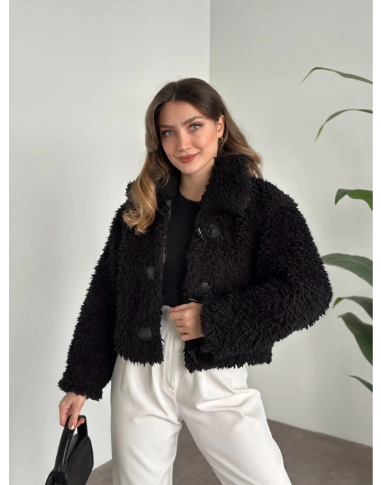 Çoban düğmeli peluş mont siyah