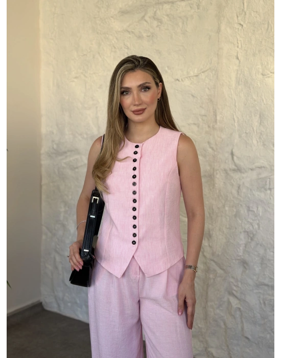 Çok düğmeli bisiklet yaka keten takım pembe