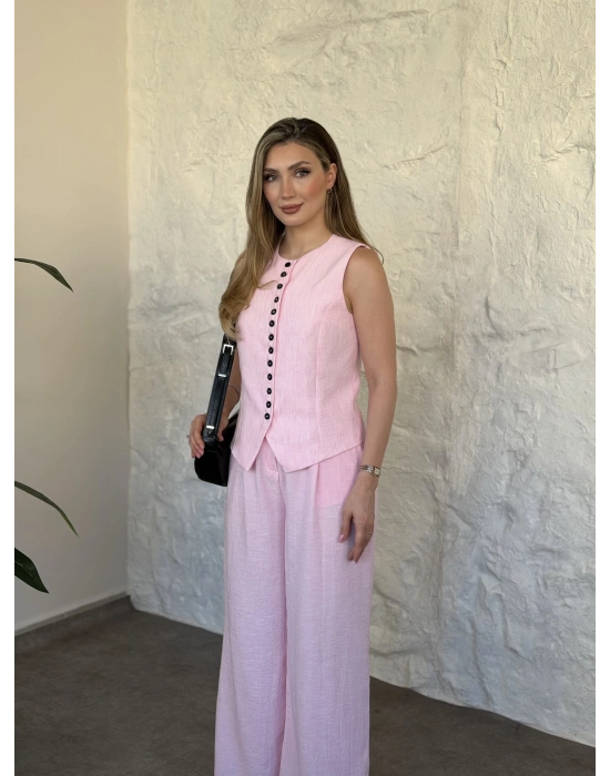 Çok düğmeli bisiklet yaka keten takım pembe