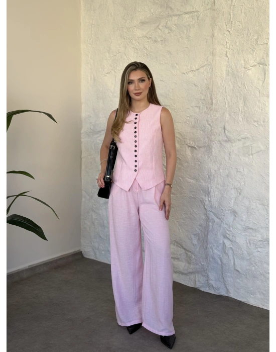 Çok düğmeli bisiklet yaka keten takım pembe