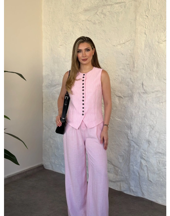 Çok düğmeli bisiklet yaka keten takım pembe