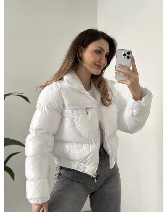 Crop belden lastikli parlak şişme mont beyaz