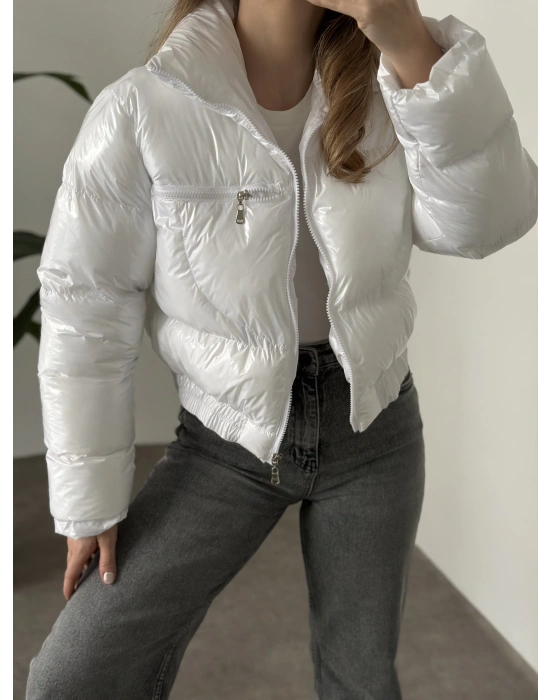 Crop belden lastikli parlak şişme mont beyaz
