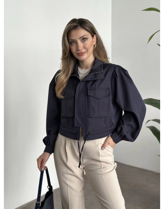 Crop boy cep detaylı yağmurluk ceket lacivert