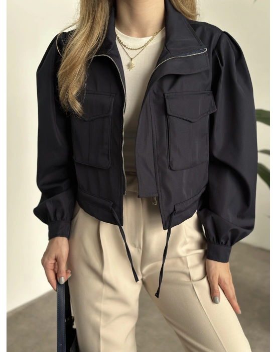 Crop boy cep detaylı yağmurluk ceket lacivert