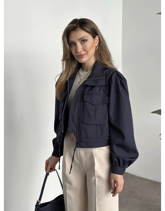 Crop boy cep detaylı yağmurluk ceket lacivert