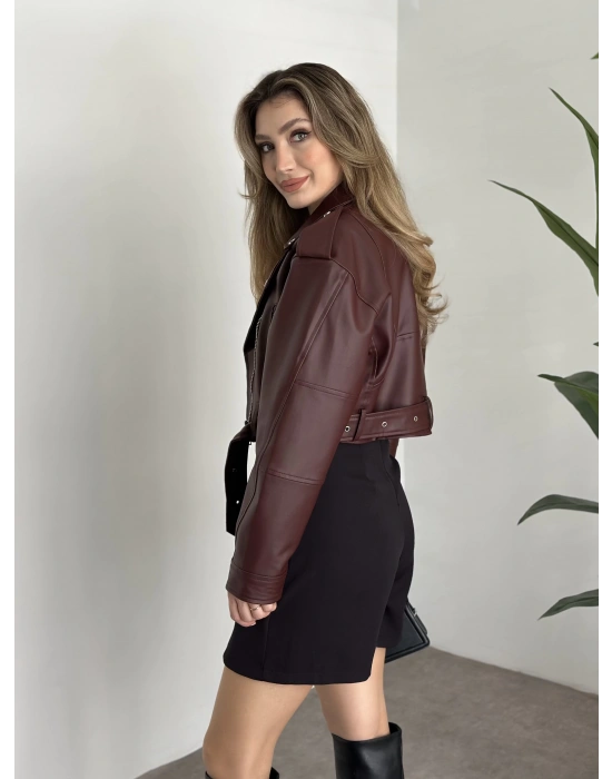 Crop boy kemer detaylı fermuarlı desenli ceket bordo