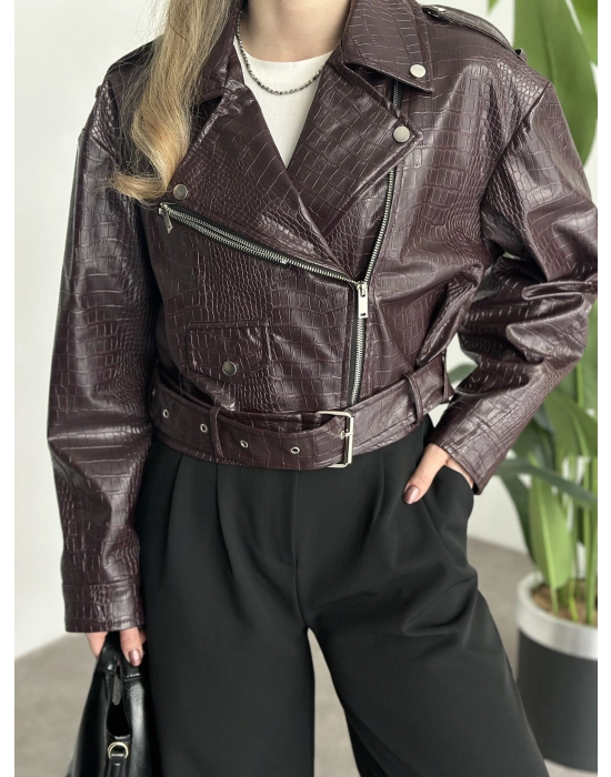 Crop boy kemer detaylı fermuarlı desenli ceket bordo