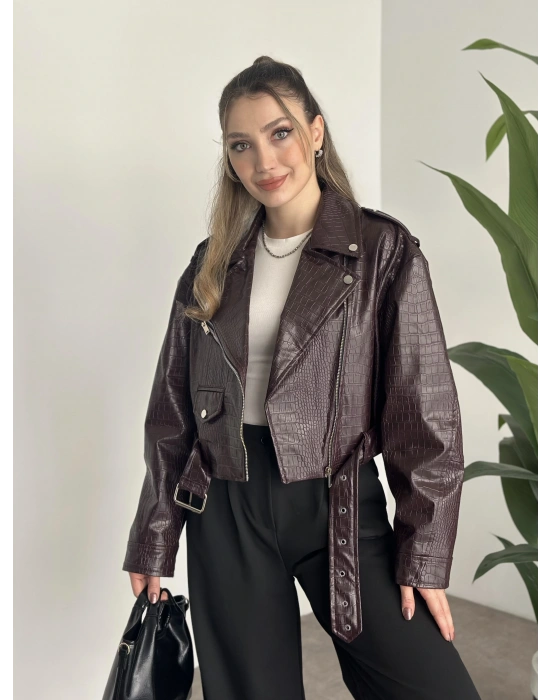 Crop boy kemer detaylı fermuarlı desenli ceket bordo