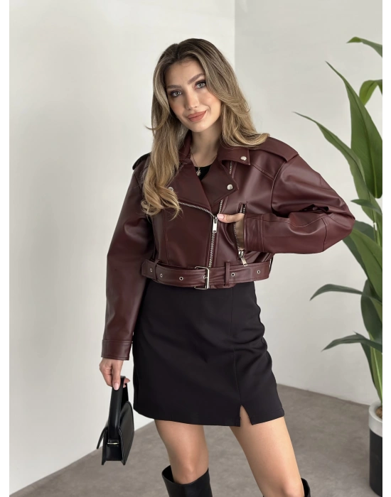 Crop boy kemer detaylı fermuarlı desenli ceket bordo