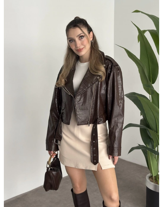 Crop boy kemer detaylı fermuarlı desenli ceket kahve