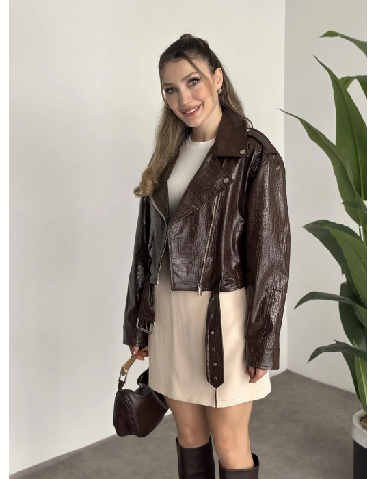 Crop boy kemer detaylı fermuarlı desenli ceket kahve