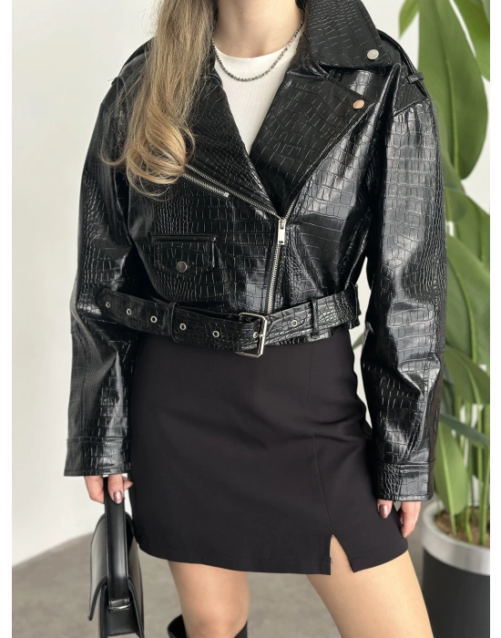 Crop boy kemer detaylı fermuarlı desenli ceket siyah