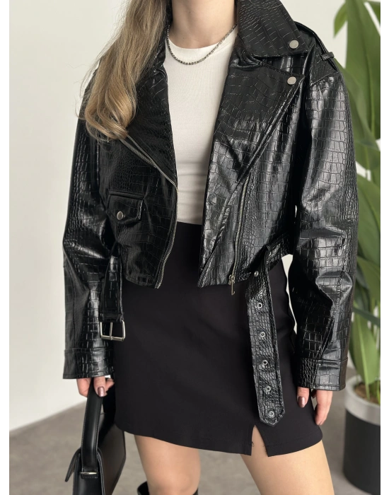 Crop boy kemer detaylı fermuarlı desenli ceket siyah